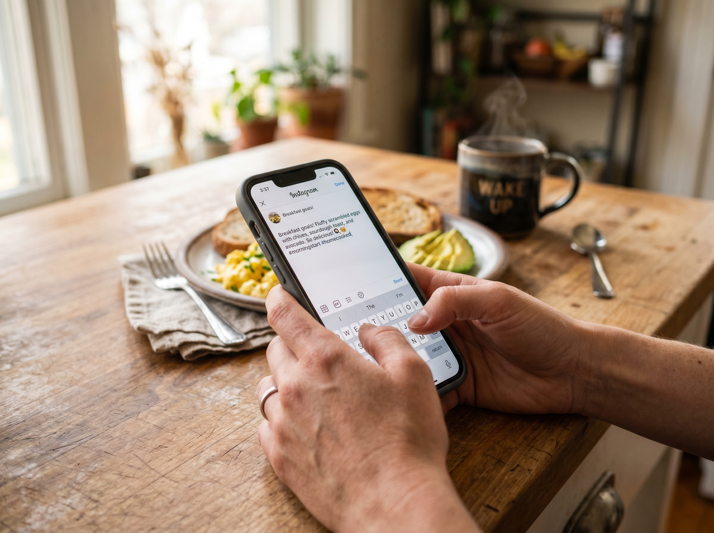 Text It — hands typing a meal on a phone in a home kitchen