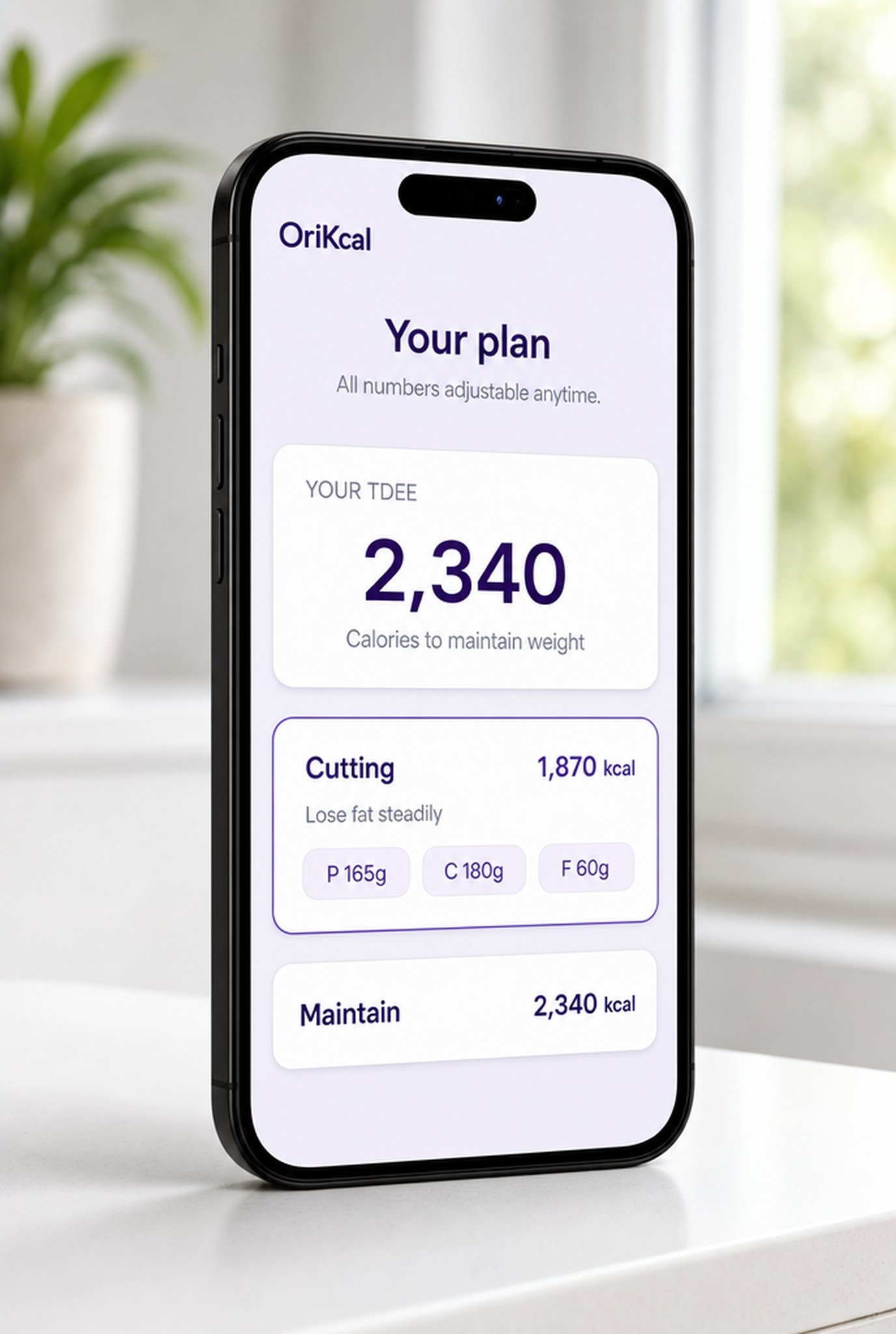OriKcal app showing your personalized calorie plan and TDEE